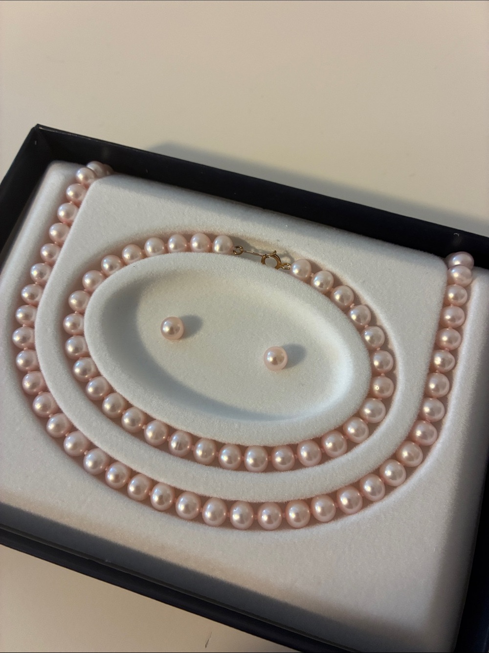 10k solid gold genuine, freshwater, pink pearls set three pieces